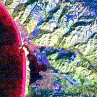 Non-standard false color composite; bands shown on right.