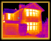 Colorized thermogram of the heat loss from a typical house.
