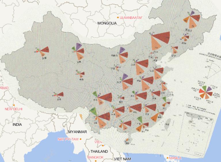 Online map of counts of affected counties by province and disaster in China in 2016