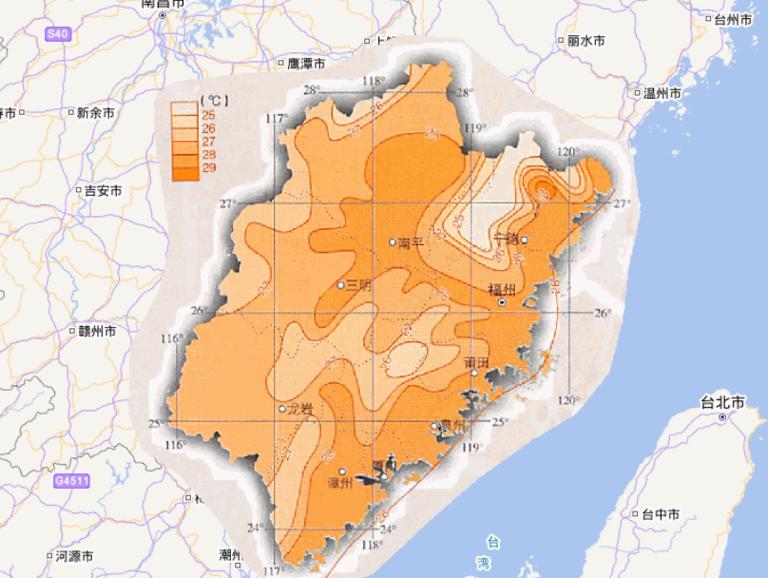 Online map of July average  temperature in Fujian Province, China