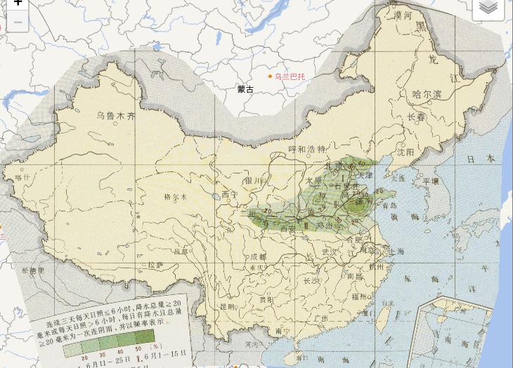 China's agrometeorological disasters online map of continuous rain frequency during wheat harvest time in North China