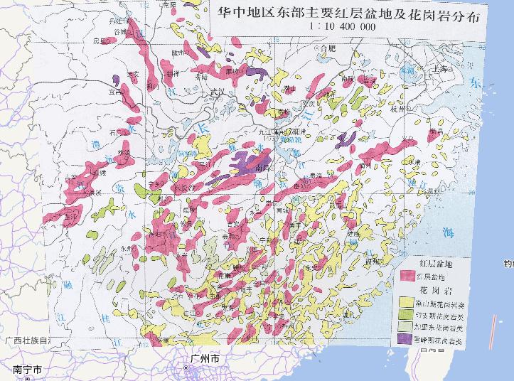 Online map of the red-bed basin and distribution of granite in the eastern part of Central China