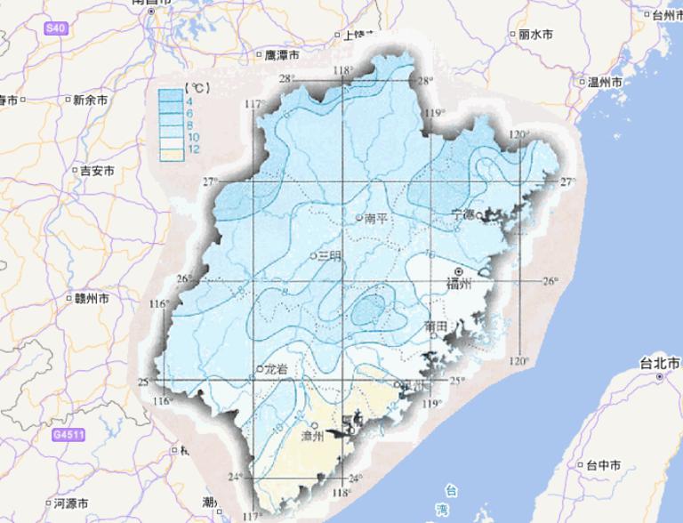 Online map of January average temperature in Fujian Province, China