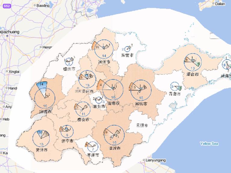 Online map of disaster frequency distribution by disaster type in Shandong Province in 2014