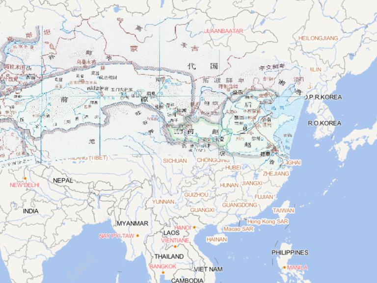 Online historical map of Qianliang (324 A.D.), Qian Zhao (325 A.D.) and Hou Zhao (345 A.D.) during the Sixteen States period of the Eastern Jin Dynasty
