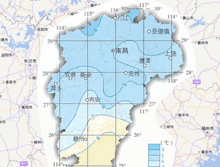 Online map of January average temperature in Jiangxi Province, China
