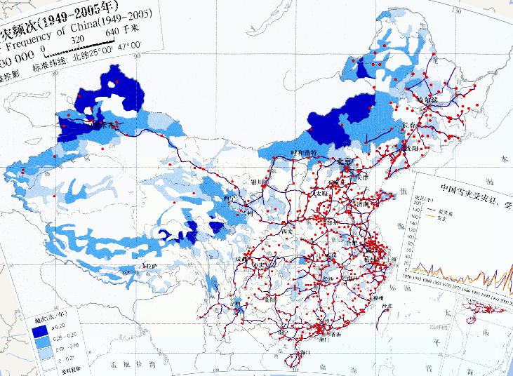 Online map of snow disaster frequency in China (1949-2005) (1: 32 million)