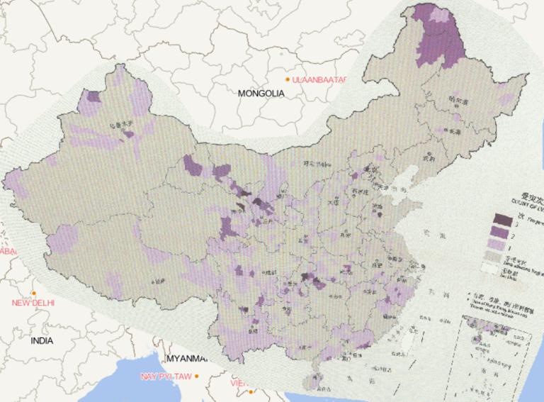 Online map of count of freeze and snow events by county in China in 2016