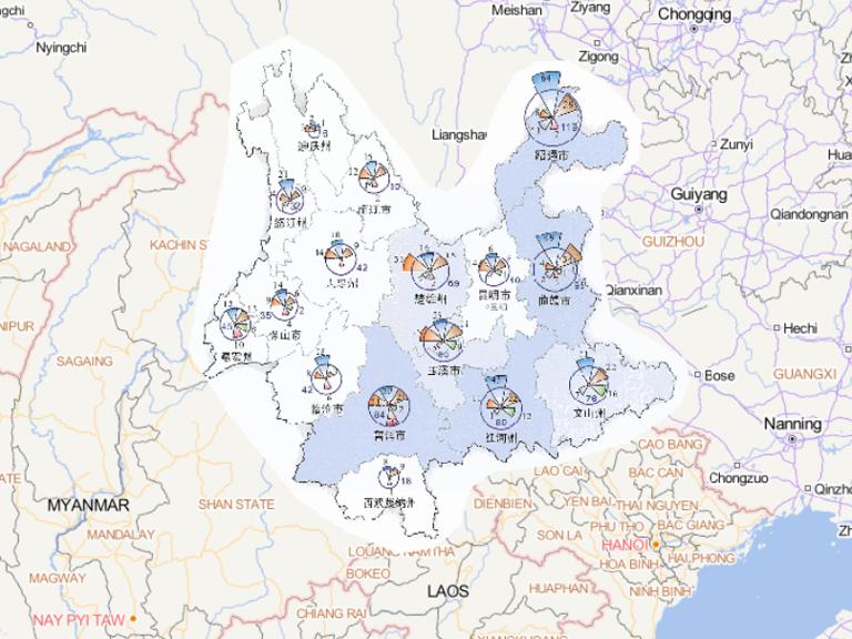 Online map of disaster frequency distribution by disaster type in Yunnan Province in 2014
