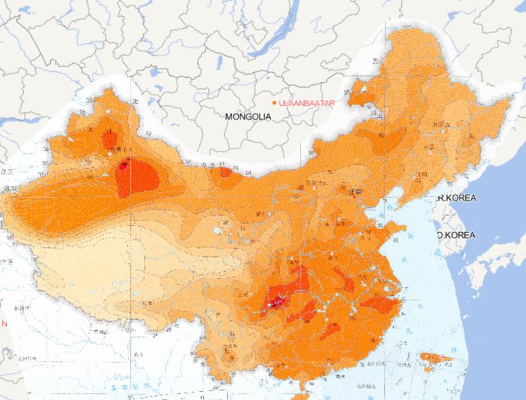 Online map of August maximum daily temperature distribution in China
