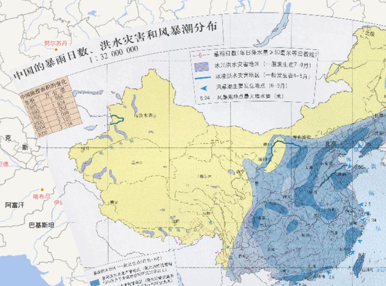 Online map distribution of heavy rain days, flood disaster and storm surge in China