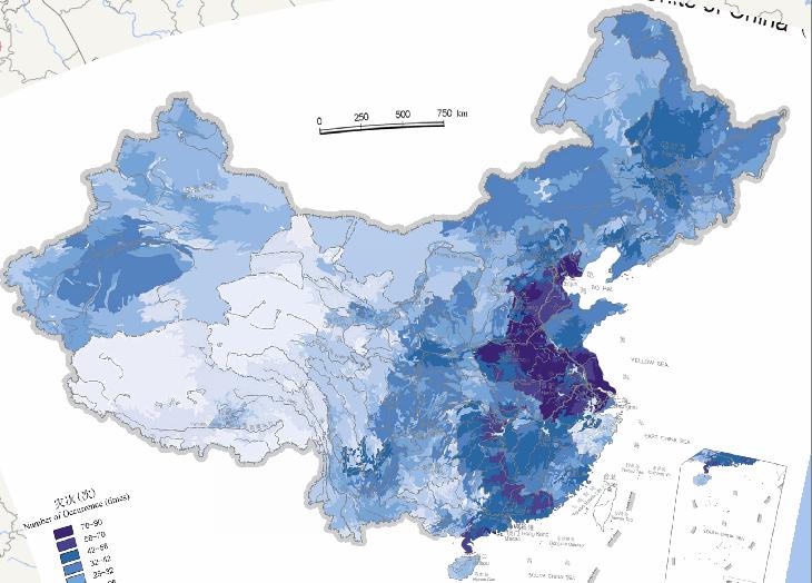 Online map of agricultural natural disaster basic unit disaster times of China  (1949 to 1998)