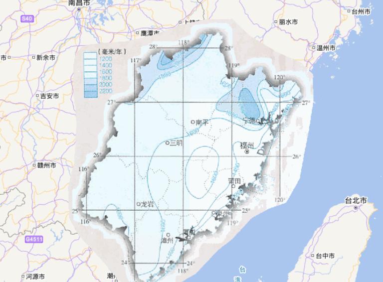 Online map of annual precipitation in Fujian Province, China