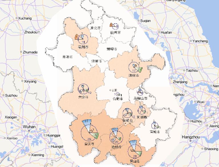 Online map of disaster frequency distribution by disaster type in Anhui Province in 2014