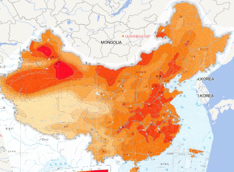 Online map of July maximum daily temperature distribution in China