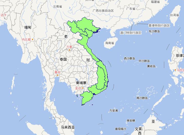 Online map of Vietnamese level 1 administrative boundaries