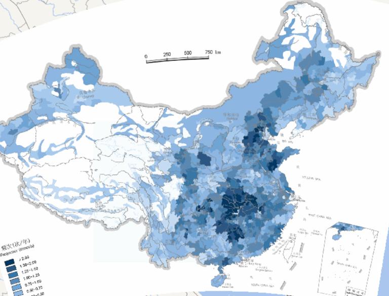 Online map of frequency of natural disasters in China (1990-2000)