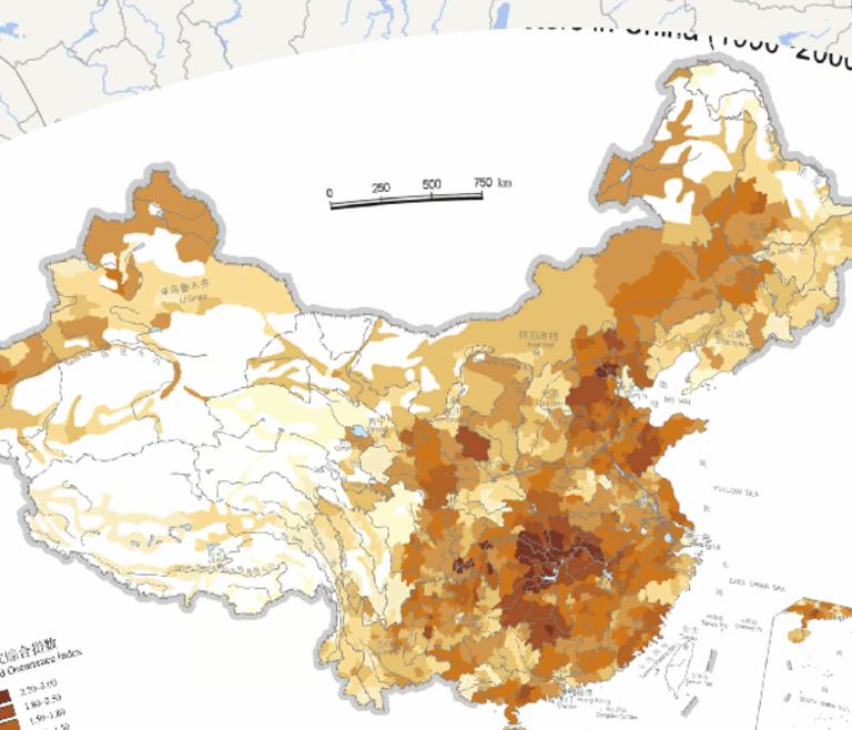 Online map of natural disasters based on integrated occurrance index in China (1990-2000)