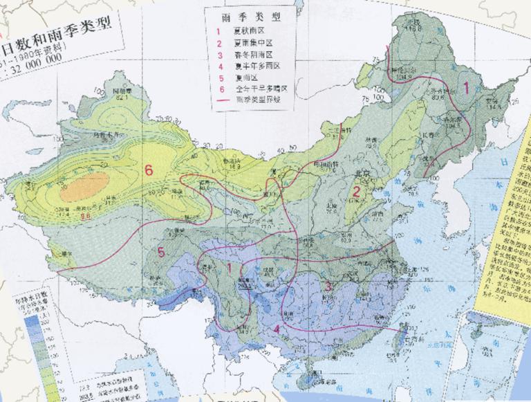 Annual Precipitation Days and Types of Rainy Season in China (1951-1980) Online Map