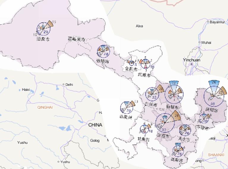 Online map of disaster frequency distribution by disaster type in Gansu Province in 2014