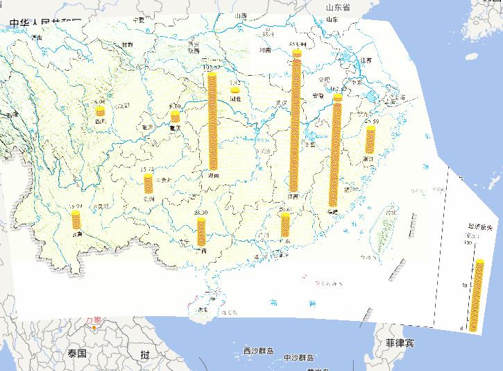 Direct economic losses online map from June 14th,2010 to June 25th during the mid and late June's flood disaster period in South China