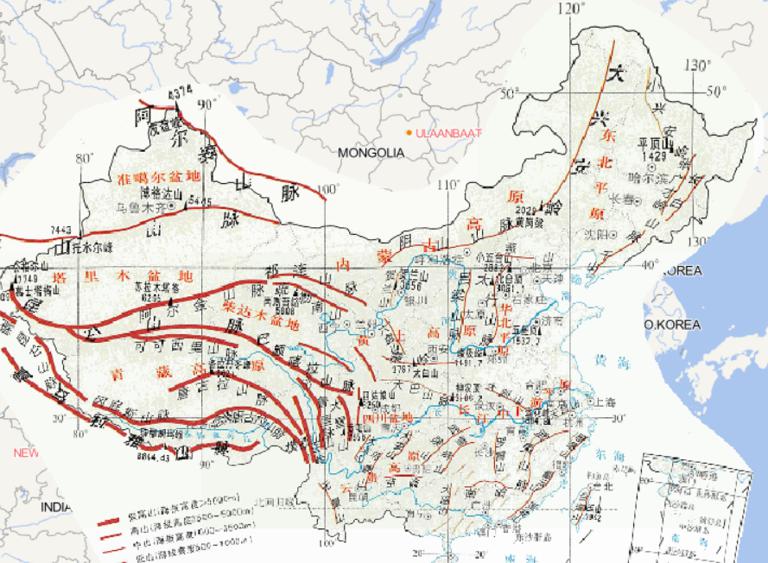 Online map of major mountain ranges on land in China