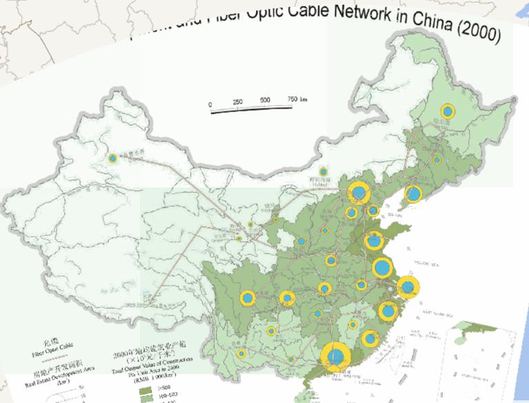 Online map of Chinese Real Estate development and optical cable communication network in 2000