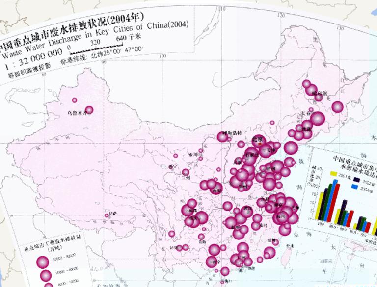 Wastewater Discharge Status of Major Cities in China (2004) (1: 32 million) Online Map