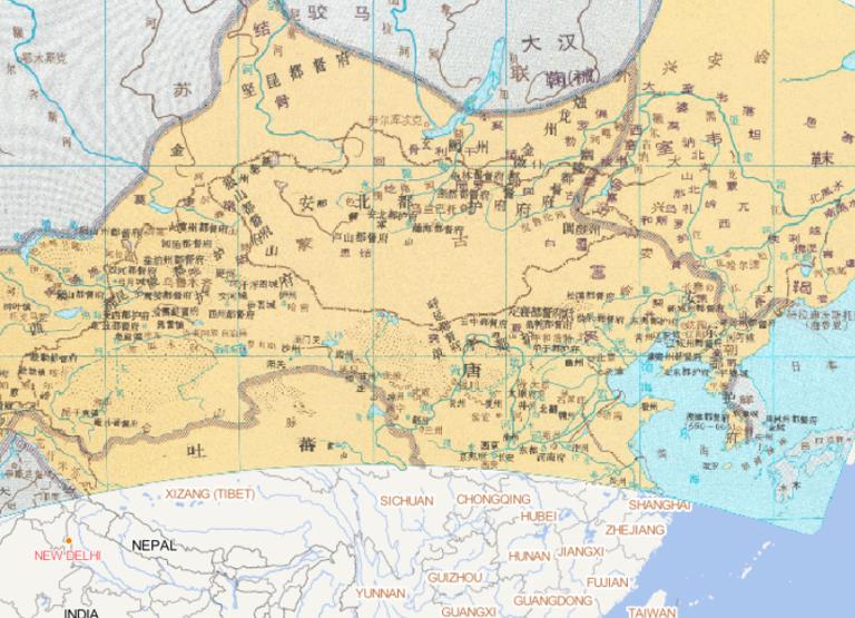 Online historical map of Andong, Dongyi, Anbei, Shanyu, Anxi Duhu Fu (640-669) during the Zhenguan and Zongzhang years of the Tang Dynasty in China