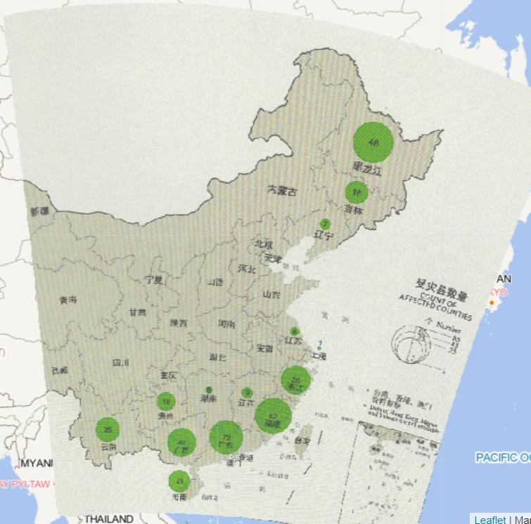 Online map of count of typhoon affected counties by province in China in 2016