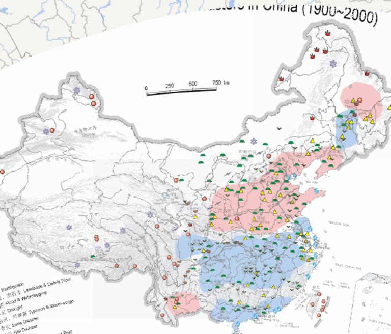 Online map of major natural disasters point position in China (1900-2000)