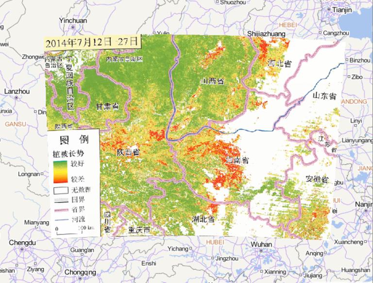 Online map of vegetation growth in central and Western Henan and southern Shaanxi from July 12 to 27, 2014