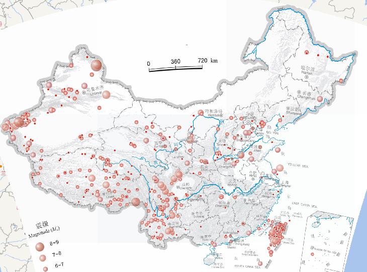 Epicentral online distribution map of the Chinese earthquake (2300 BC - 2000, August, magnitude 4 or above)