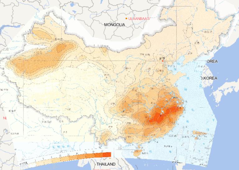 Online map of threshold distribution of 50 years continuous high temperature days in China