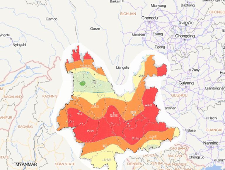 Online map of disaster percentage of precipitation anomalies of flood and debris flow disasters in Yunnan Province from July 5 to 10, 2014