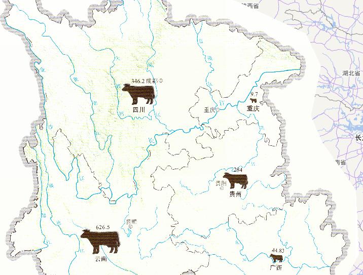 Online map of the difficult big livestock of drinking water in the drought in southwest China in 2010