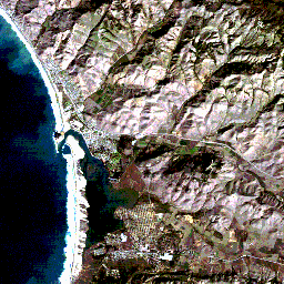 The Morro Bay subscene rendered in an approximation to true color. Spurious colors, such as the pinks in the hills, indicate that color reality is somewhat compromised.