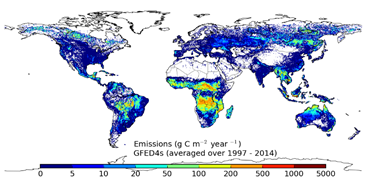 Global monthly burned area from 1997 to 2016.