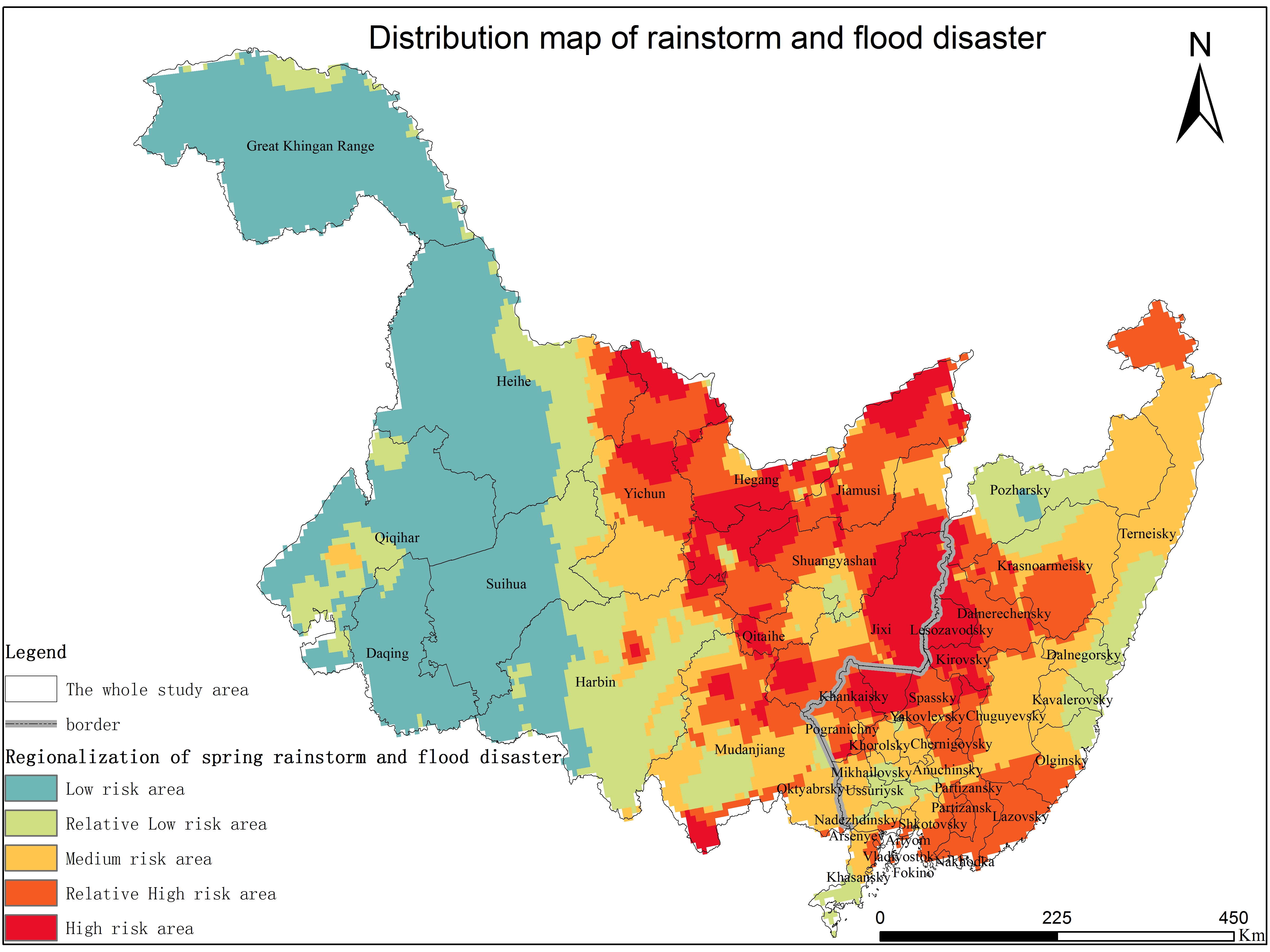 The distribution of rainstorm-flood disaster risk in the cross-border area between China and Russia