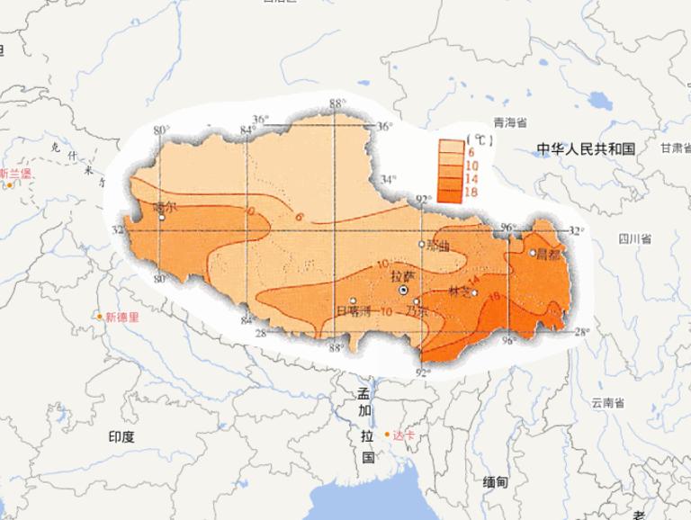 Online map of July average temperature in Tibet Autonomous Region of China