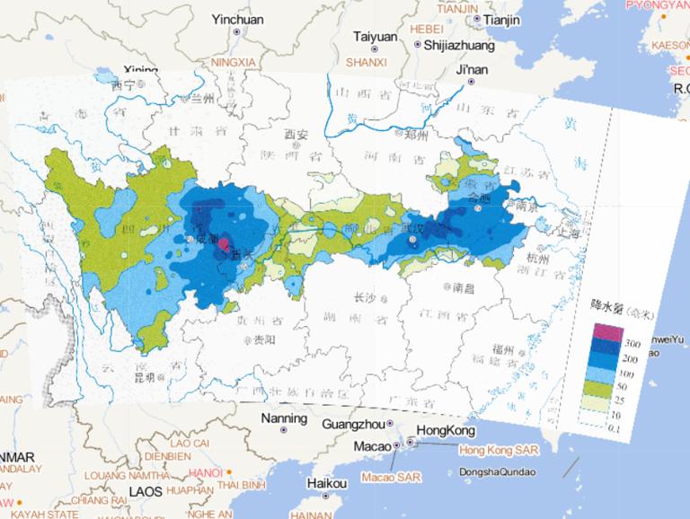 Online map of cumulative precipitation caused by floods, wind and hail disasters in the Jianghuai and Jianghan regions of the Sichuan Basin, China, from June 29 to July 7, 2013
