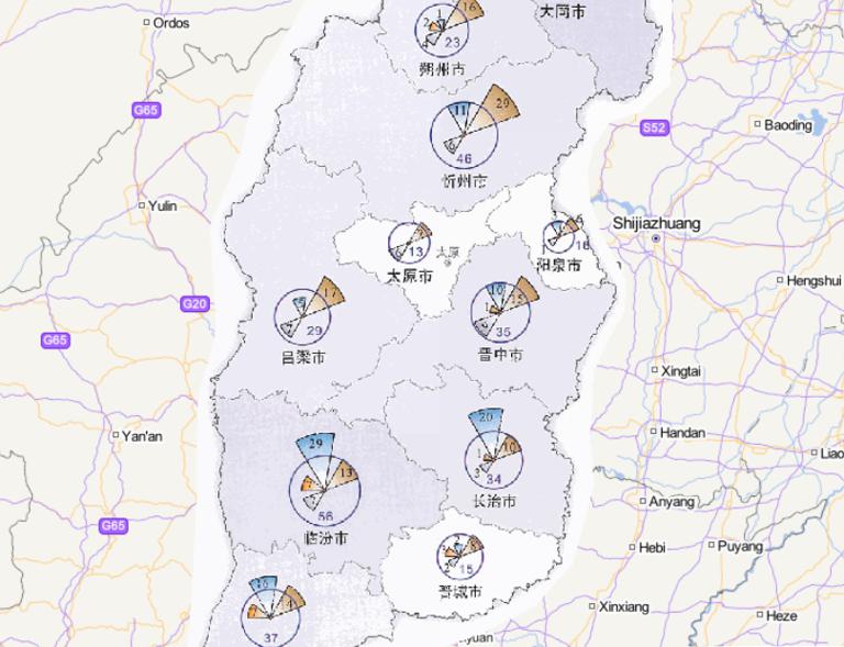 Online map of disaster frequency distribution by disaster type in Shanxi Province in 2014