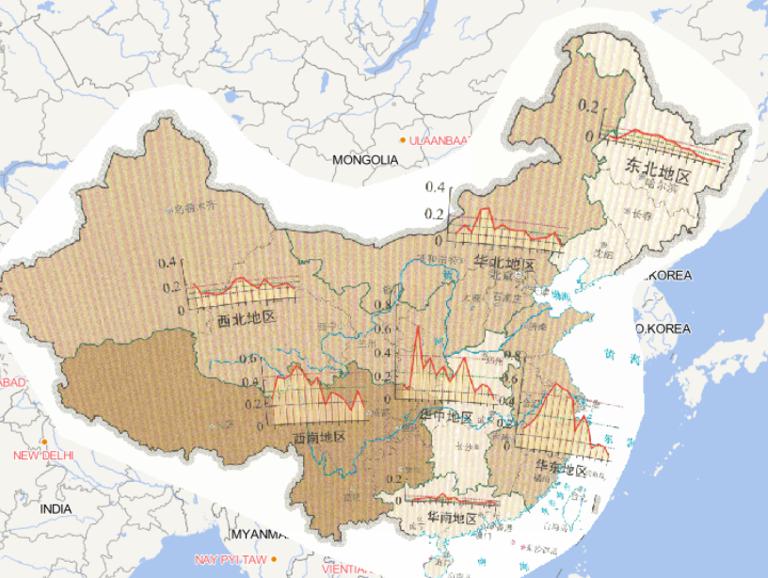 Online map of spatial and temporal distribution of wind and hail disaster index by region in China in 2014