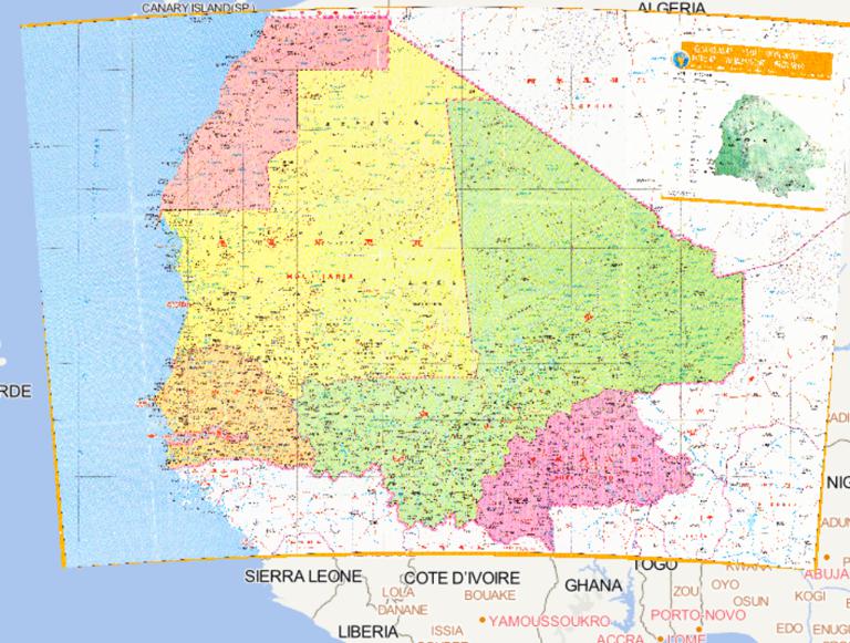 Online Map of Mauritania, Mali, Senegal, Gambia, Burkina Faso, Western Sahara