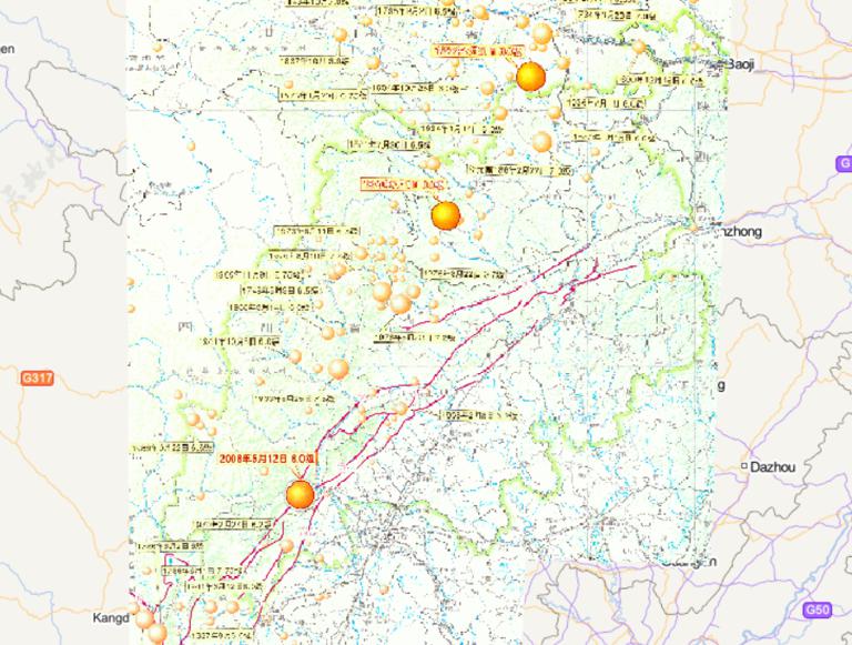 Online map of historical earthquakes in Wenchuan disaster area in China