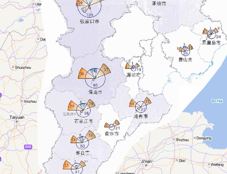 Online map of disaster frequency distribution by disaster type in Hebei Province in 2014