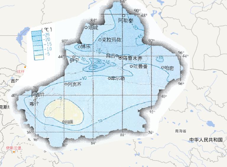Online map of January average temperature in Xinjiang Uygur Autonomous Region, China