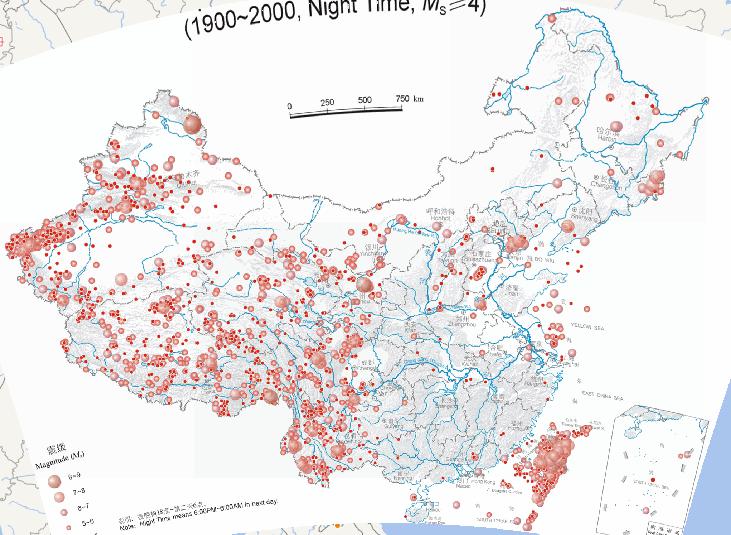 Epicentral online distribution map of the Chinese earthquake (1900-2000, night, magnitude 4 or above)