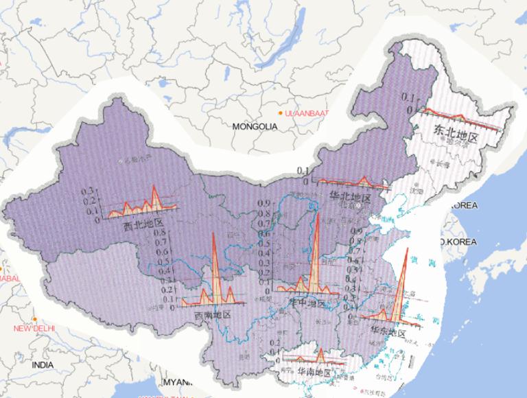 Online map of the temporal and spatial distribution of low temperature freezing and snow disaster index by region in China in 2014