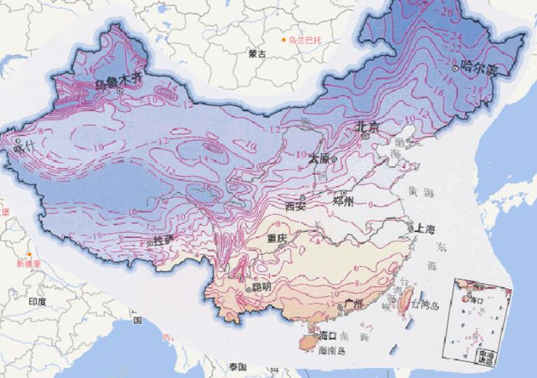 Online map of January average temperature in China